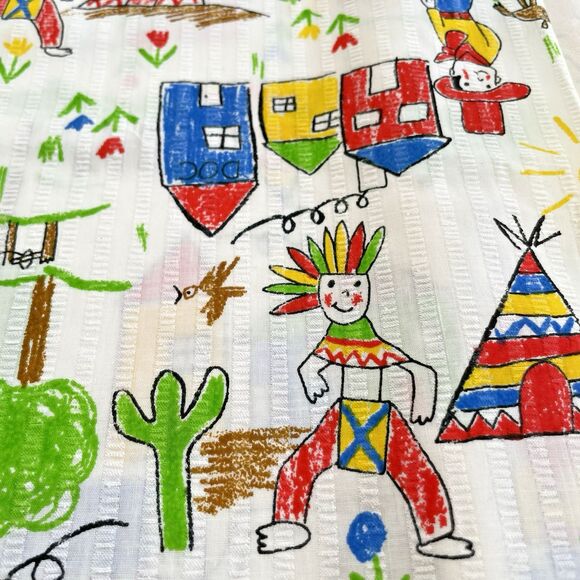 Vtg Cowboy Seersucker Plisse Fabric Cotton Blend Novelty Teepee Kid Boy 3/4yd - Picture 4 of 5